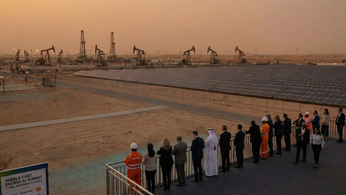Delegation viewing solar panels and oil pumpjacks in a desert energy site