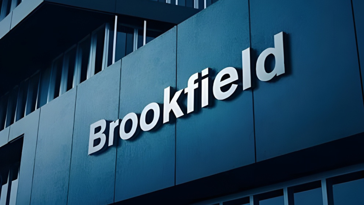 Brookfield corporate building exterior with company logo on modern blue facade