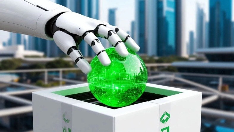 AI robotic hand managing digital energy data in smart oilfield setting