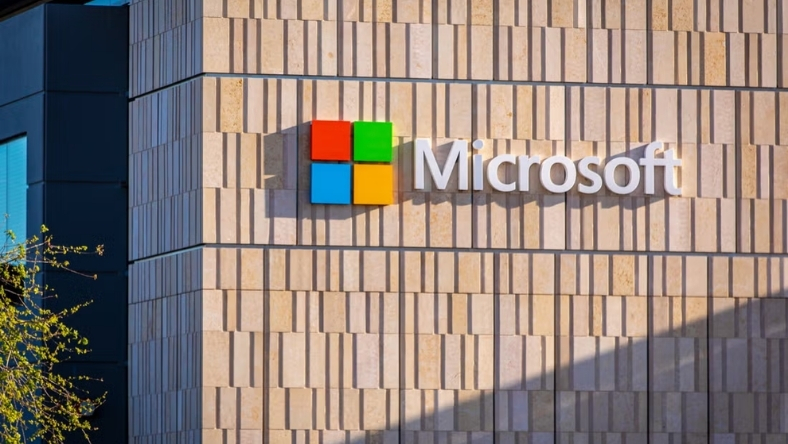 Microsoft logo on corporate office building exterior