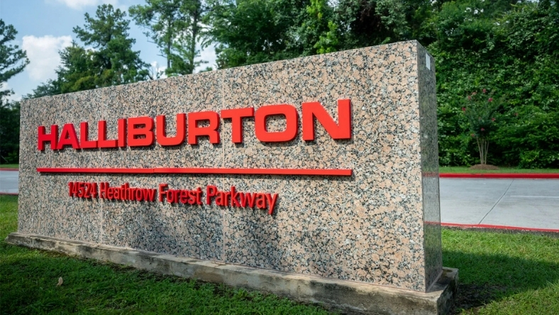Halliburton corporate entrance monument sign with red lettering